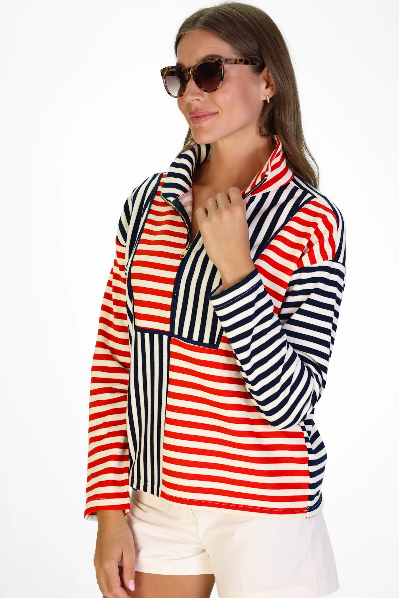 Kathryn Quarter Zip in Red, White & Blue French Terry Stripe sold by Duffield Lane product image thumbnail 5