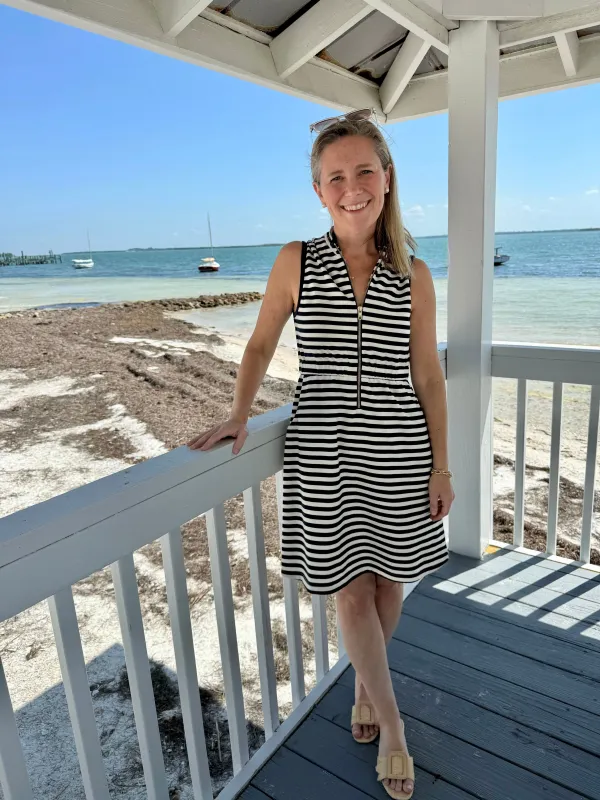 Lennie Dress in Horizontal Navy & White French Terry Stripe sold by Duffield Lane