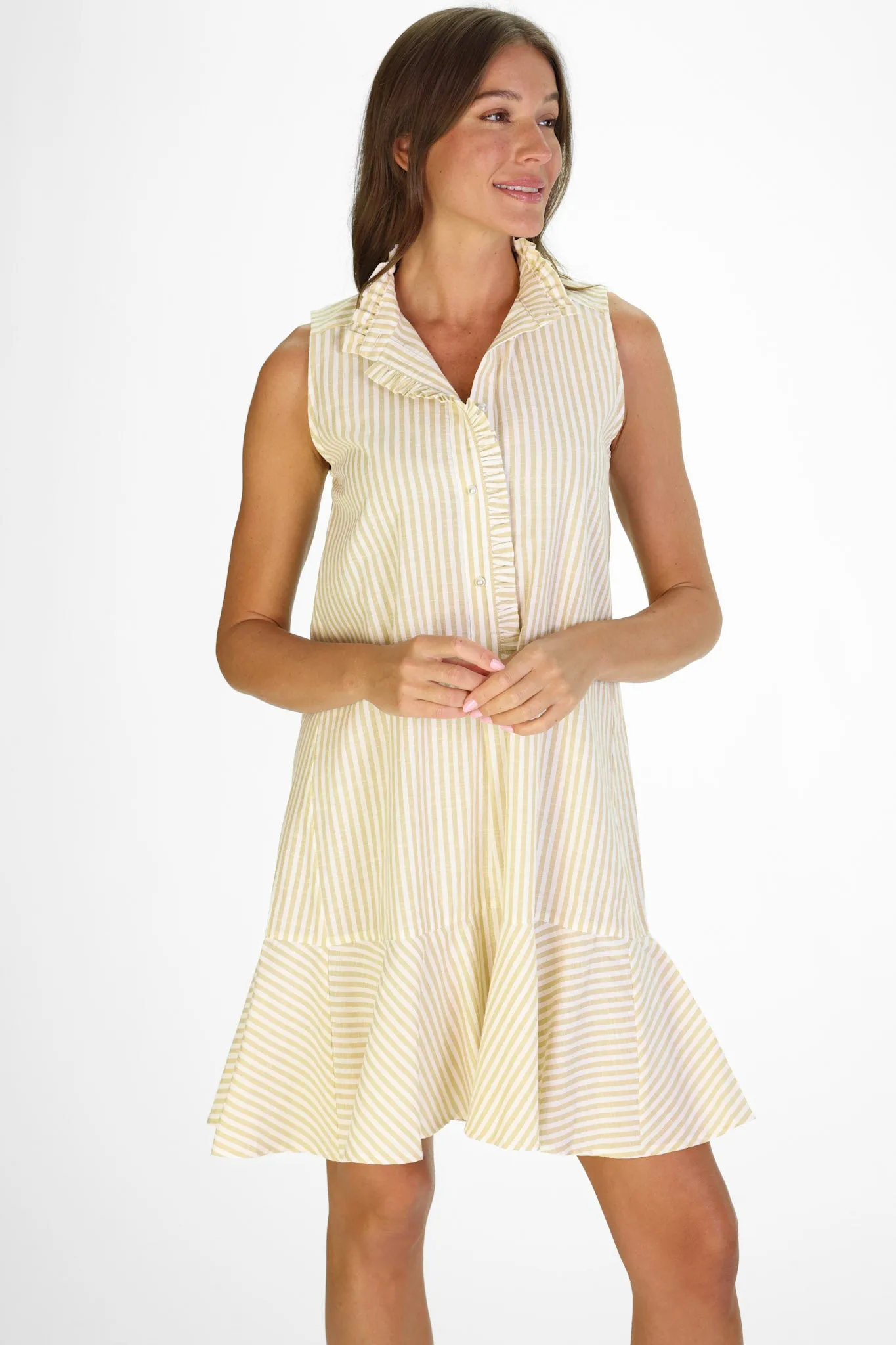 Ethel Dress in Tan Stripe sold by Duffield Lane