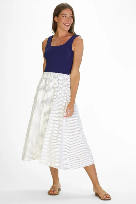 Jada Dress in Thin Navy Stripe sold by Duffield Lane