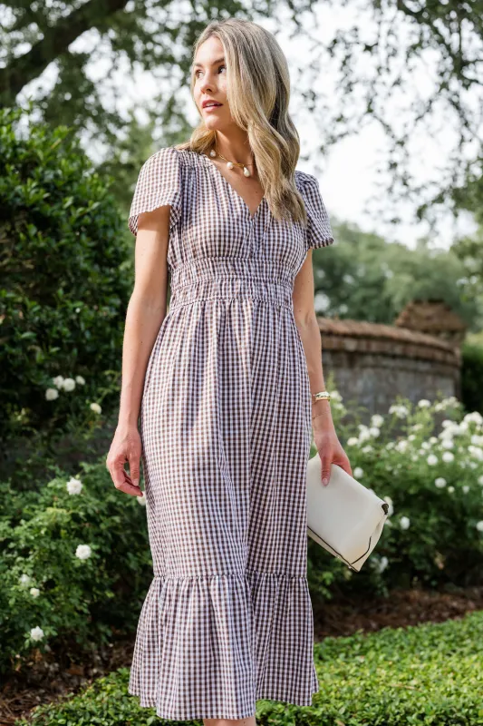 Dawn Midi Dress in Brown Gingham sold by Duffield Lane
