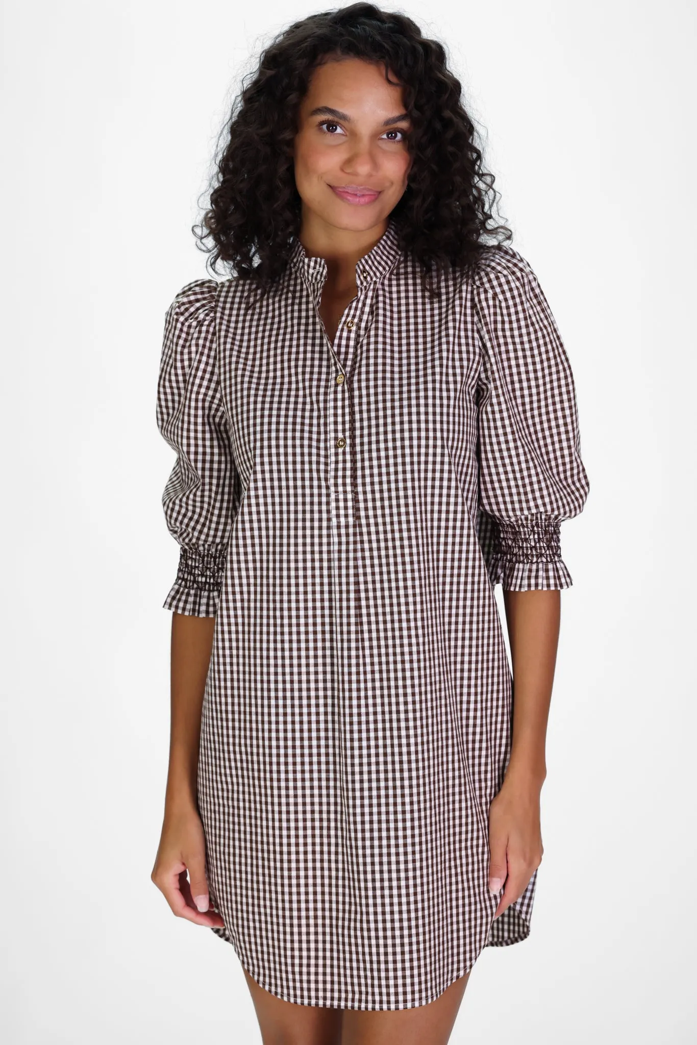 Percy Popover Dress in Brown Gingham sold by Duffield Lane