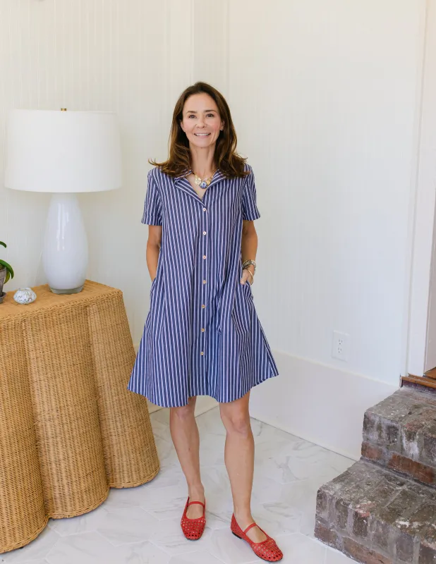 Quinnie Dress in Navy Stacked Stripe sold by Duffield Lane