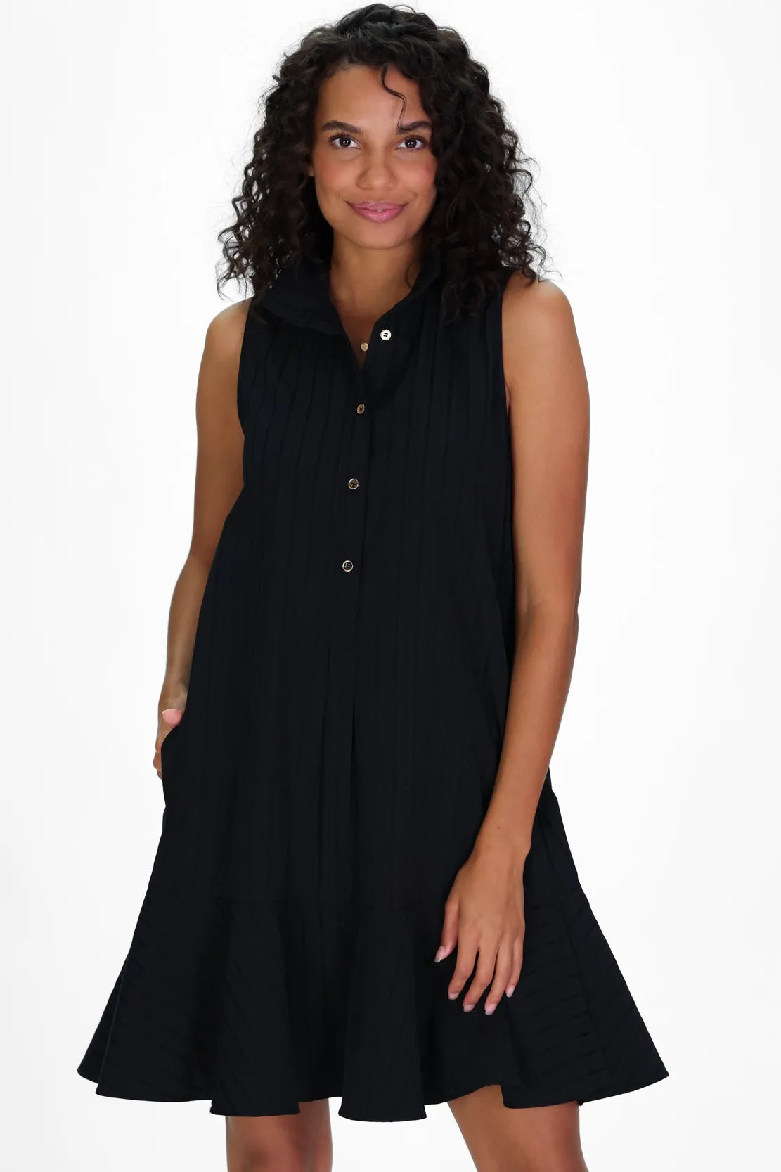 Darcie Dress in Black Shadow Stripe sold by Duffield Lane