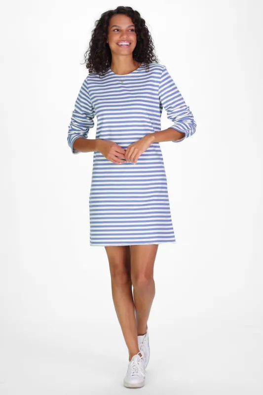 French Terry Zoey Dress in Light Blue Stripe sold by Duffield Lane