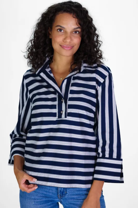 Toni Top in Bold Navy & Tan Stripe made by Duffield Lane
