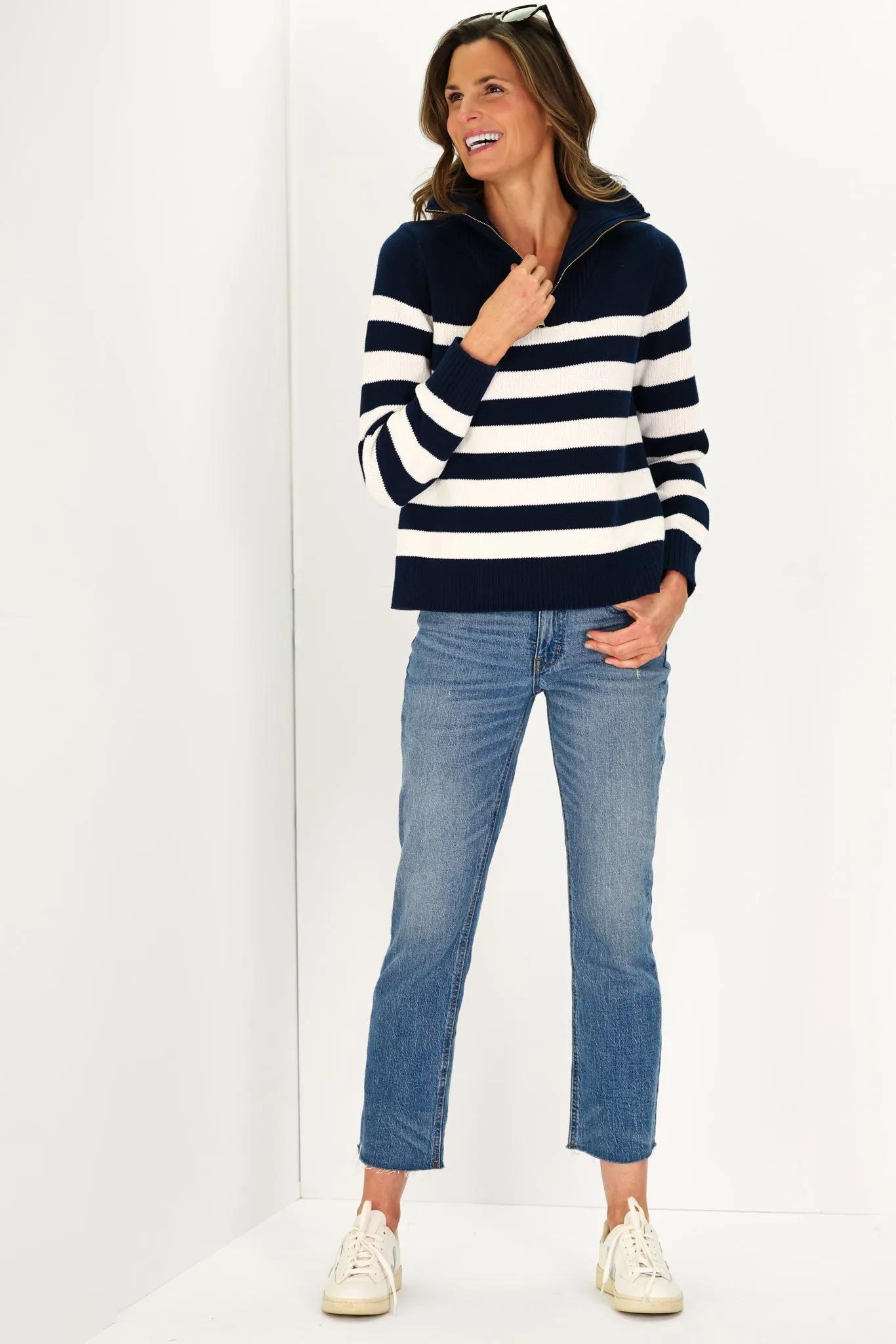 Navy and Ivory Stripe Cotton Blaire Quarter Zip Sweater sold by Duffield Lane product image thumbnail 2