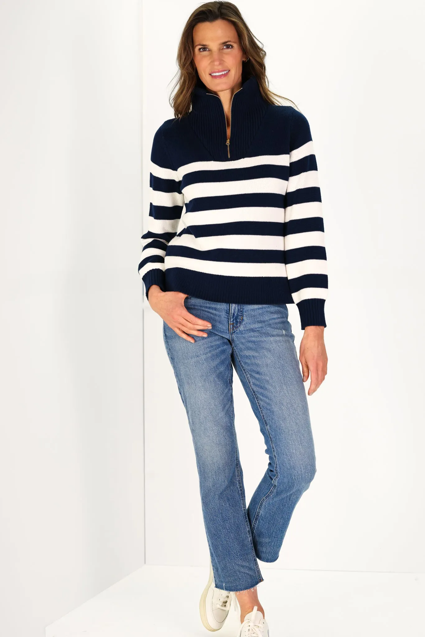 Navy and Ivory Stripe Cotton Blaire Quarter Zip Sweater sold by Duffield Lane product image thumbnail 3