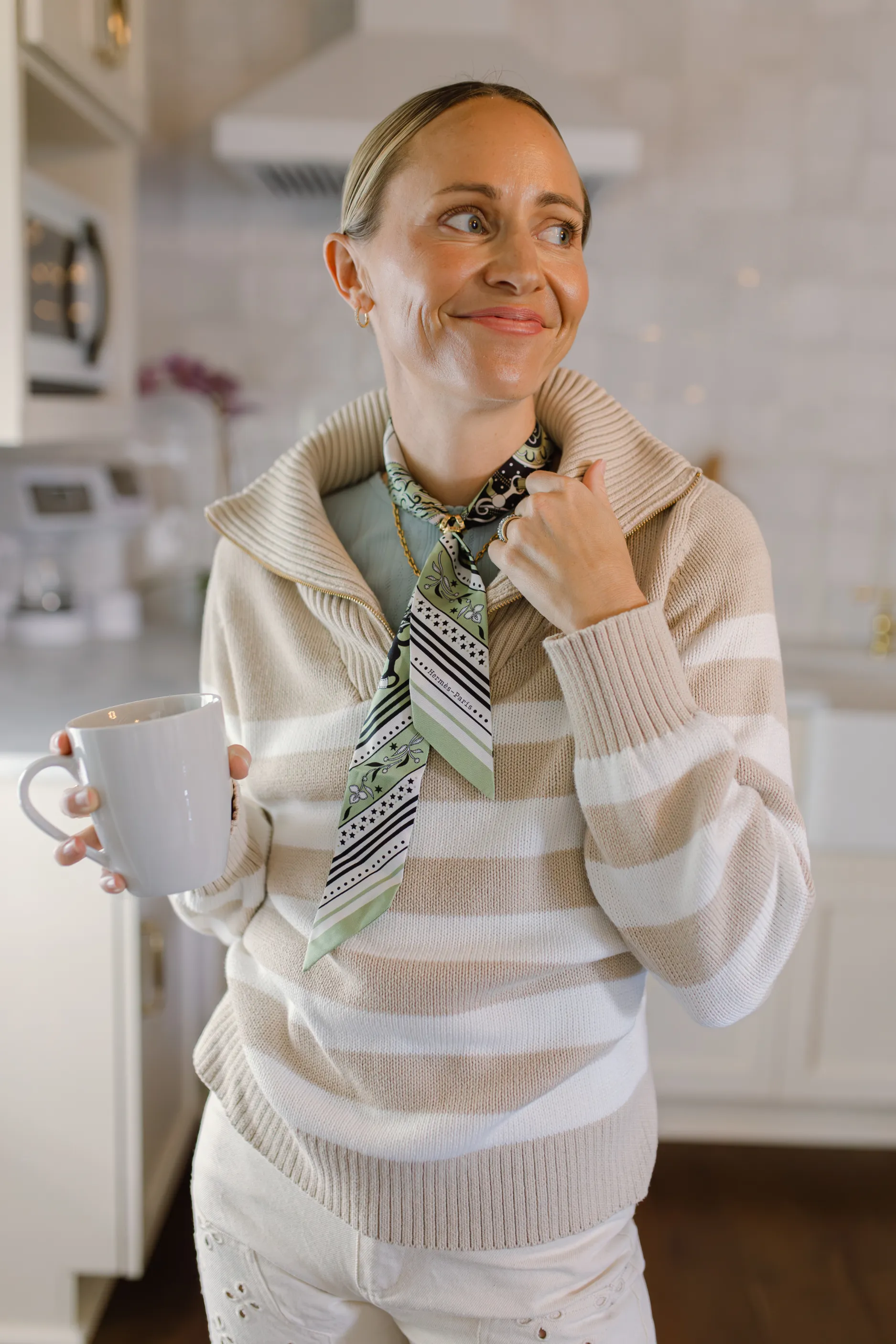 Tan and Ivory Stripe Cotton Blaire Quarter Zip Sweater sold by Duffield Lane product image thumbnail 4