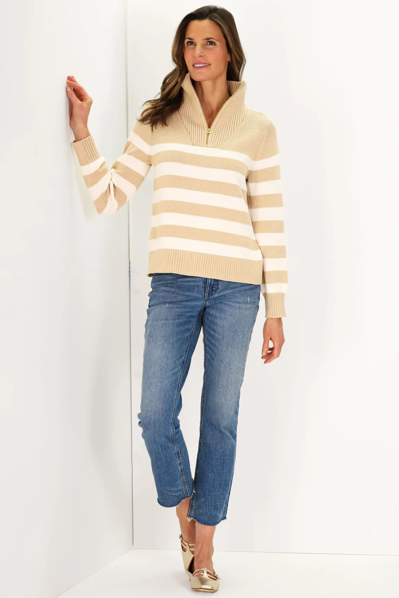 Tan and Ivory Stripe Cotton Blaire Quarter Zip Sweater sold by Duffield Lane product image thumbnail 3
