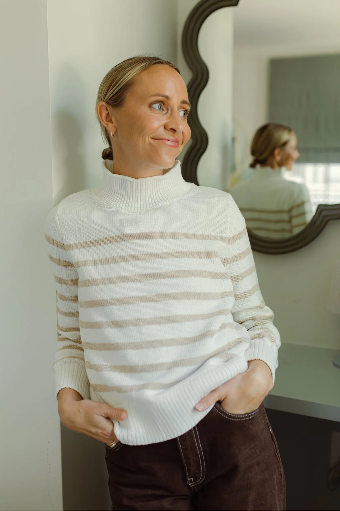 Ivory and Tan Stripe Cotton Hartwell Sweater sold by Duffield Lane