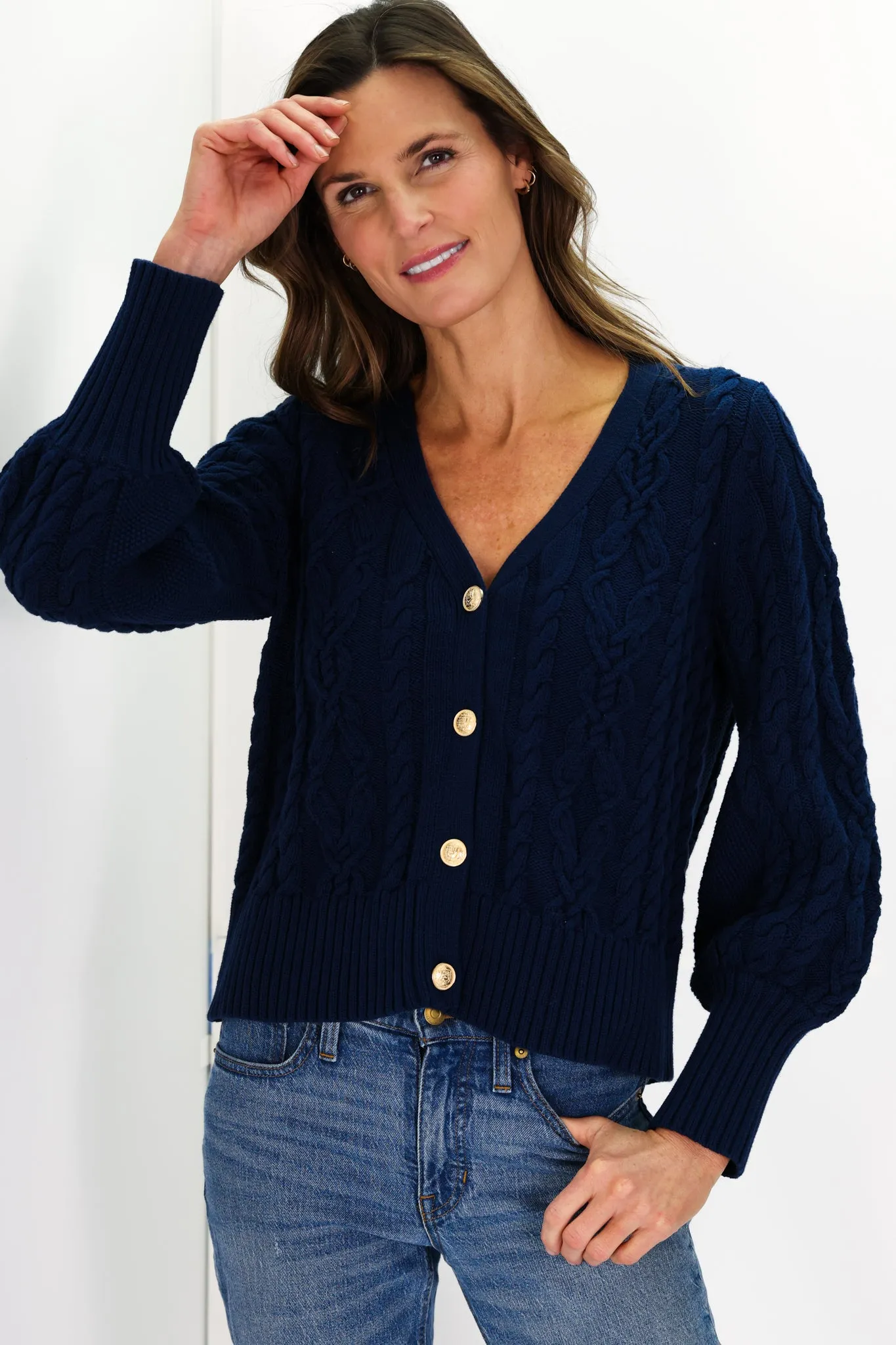 Navy Cotton Chloe Cable Knit Cardigan sold by Duffield Lane