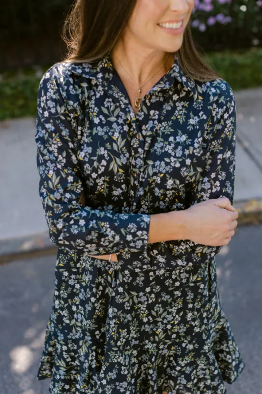 Iris Dress in Navy Fall Floral sold by Duffield Lane