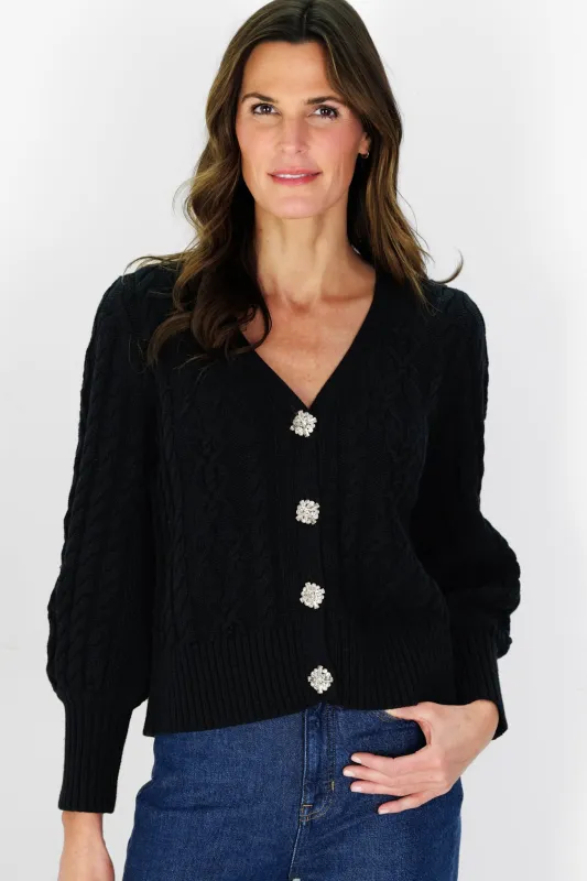 Black Cotton Chloe Cable Knit Cardigan with Jewel Buttons sold by Duffield Lane