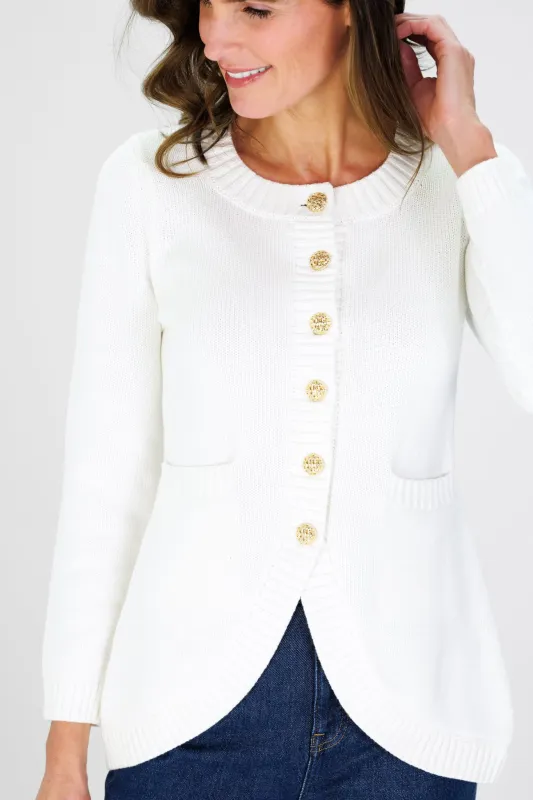 Jewel Neck Cardigan in Ivory sold by Duffield Lane