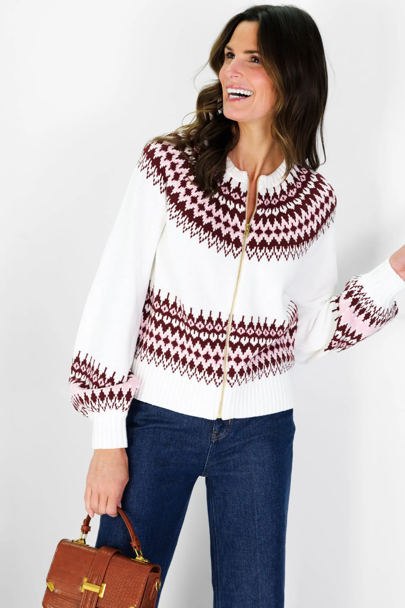 Fair Isle Zip Up Cardigan in Ivory sold by Duffield Lane