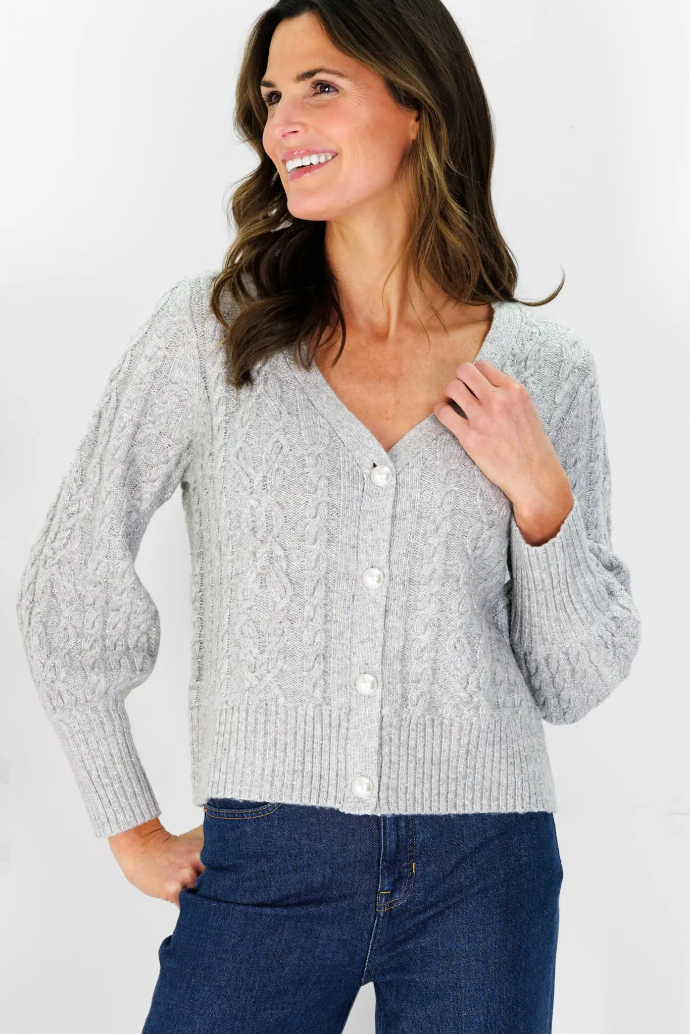 Chloe Cable Knit Cardigan in Silver Shimmer with Pearl Button sold by Duffield Lane product image thumbnail 4