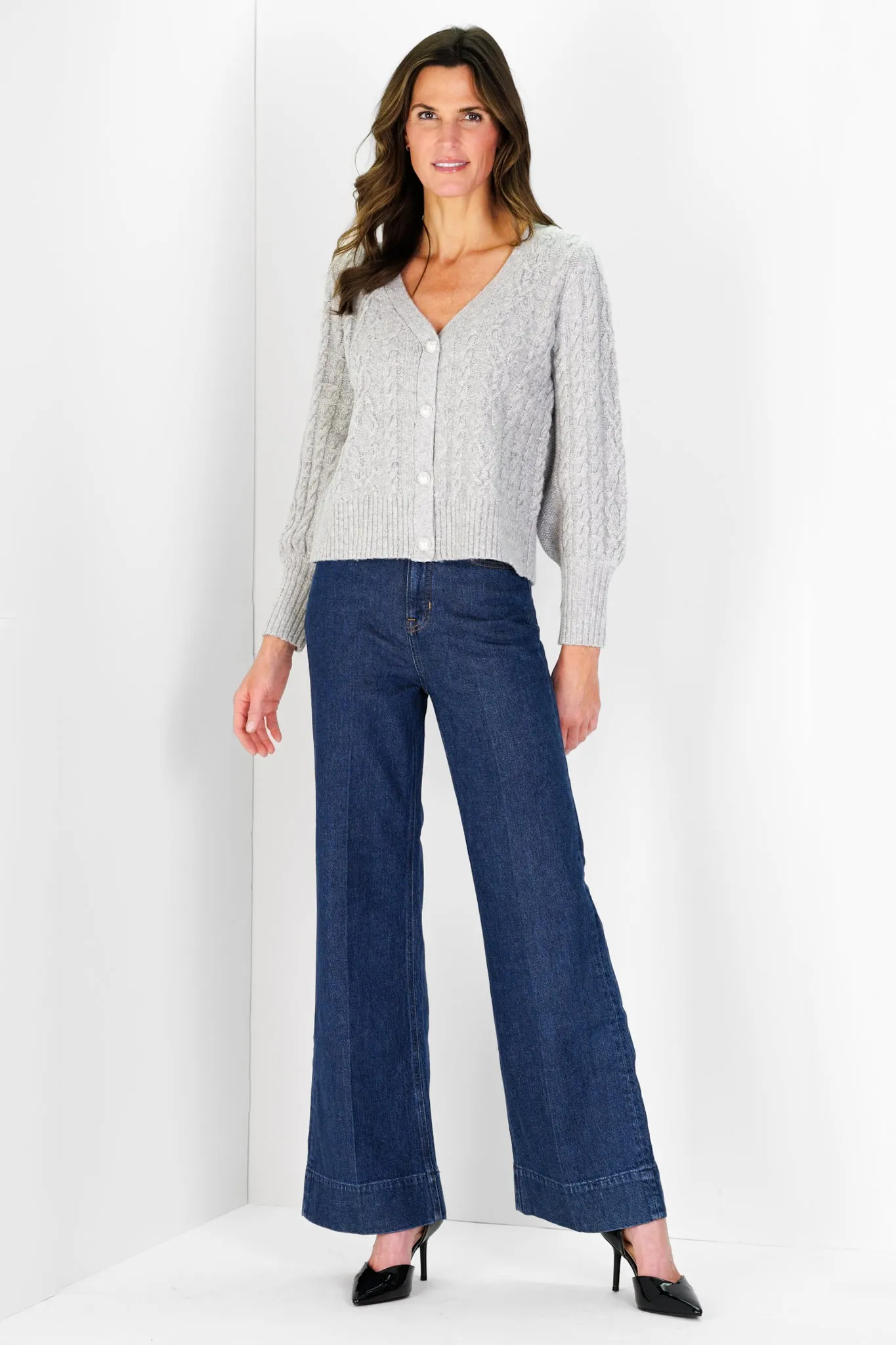 Chloe Cable Knit Cardigan in Silver Shimmer with Pearl Button sold by Duffield Lane product image thumbnail 5