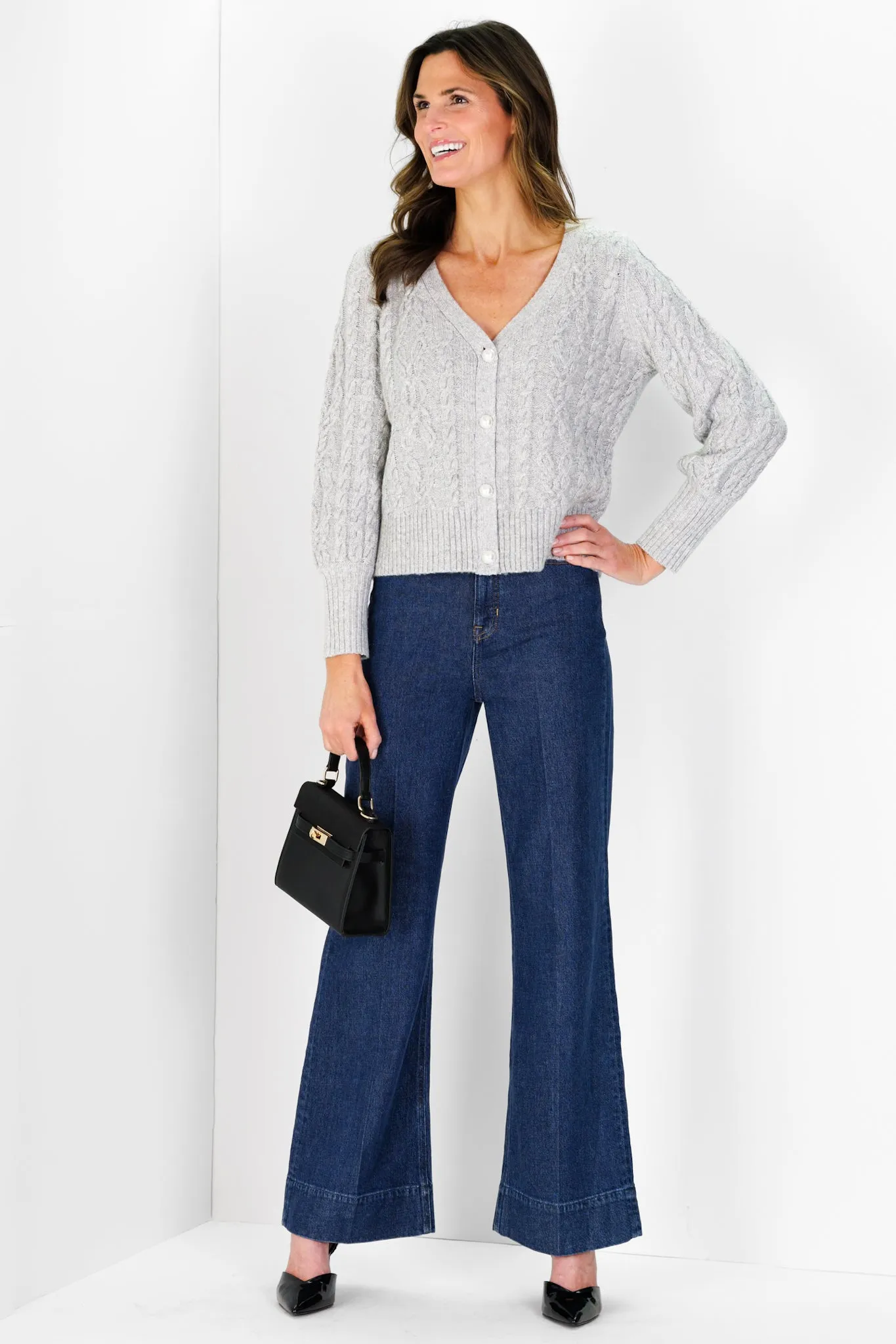 Chloe Cable Knit Cardigan in Silver Shimmer with Pearl Button sold by Duffield Lane product image thumbnail 2
