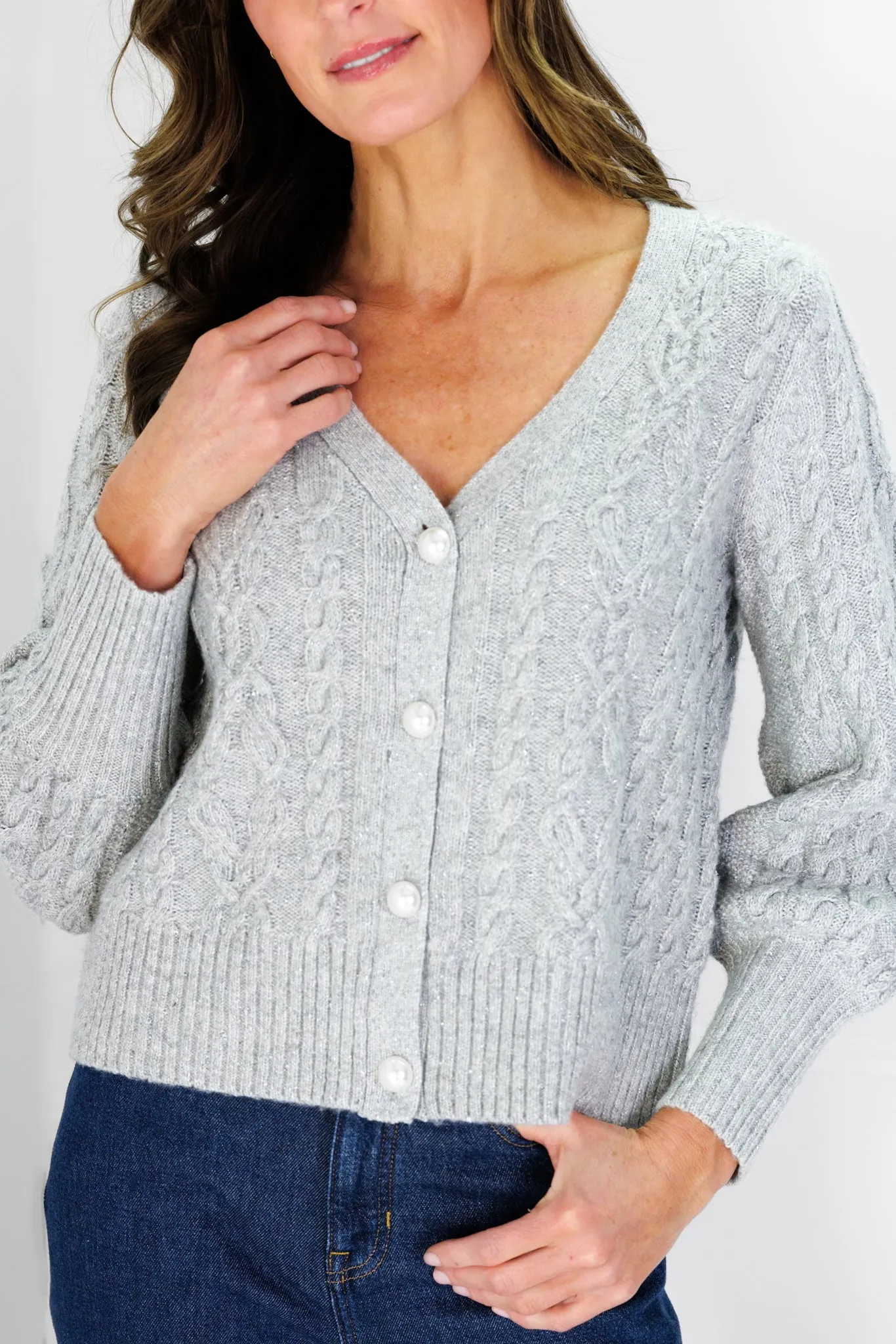 Chloe Cable Knit Cardigan in Silver Shimmer with Pearl Button sold by Duffield Lane