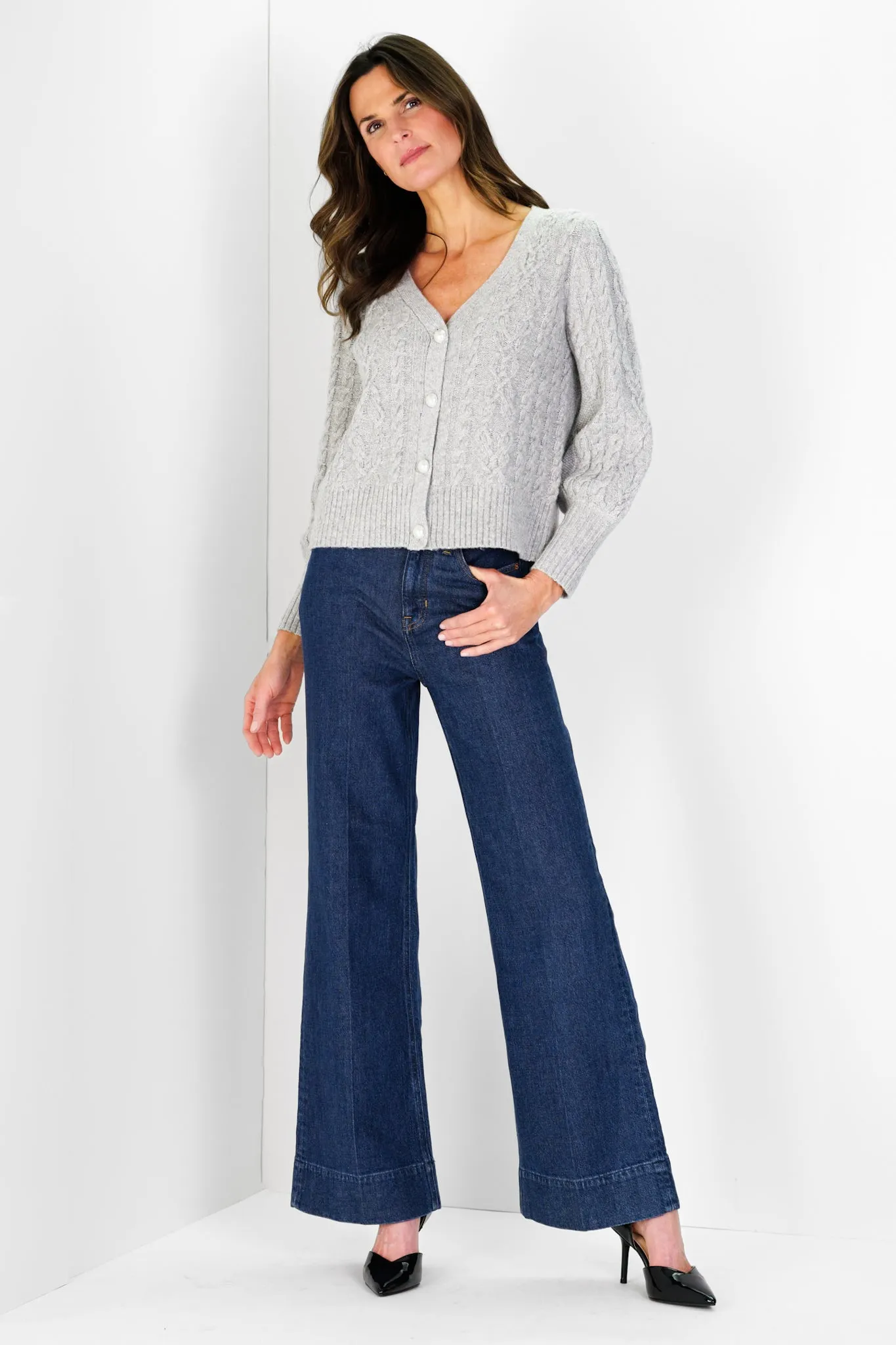 Chloe Cable Knit Cardigan in Silver Shimmer with Pearl Button sold by Duffield Lane product image thumbnail 3