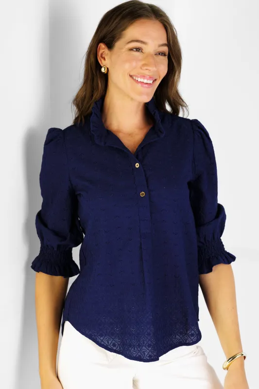 Percy Popover in Navy Eyelet sold by Duffield Lane