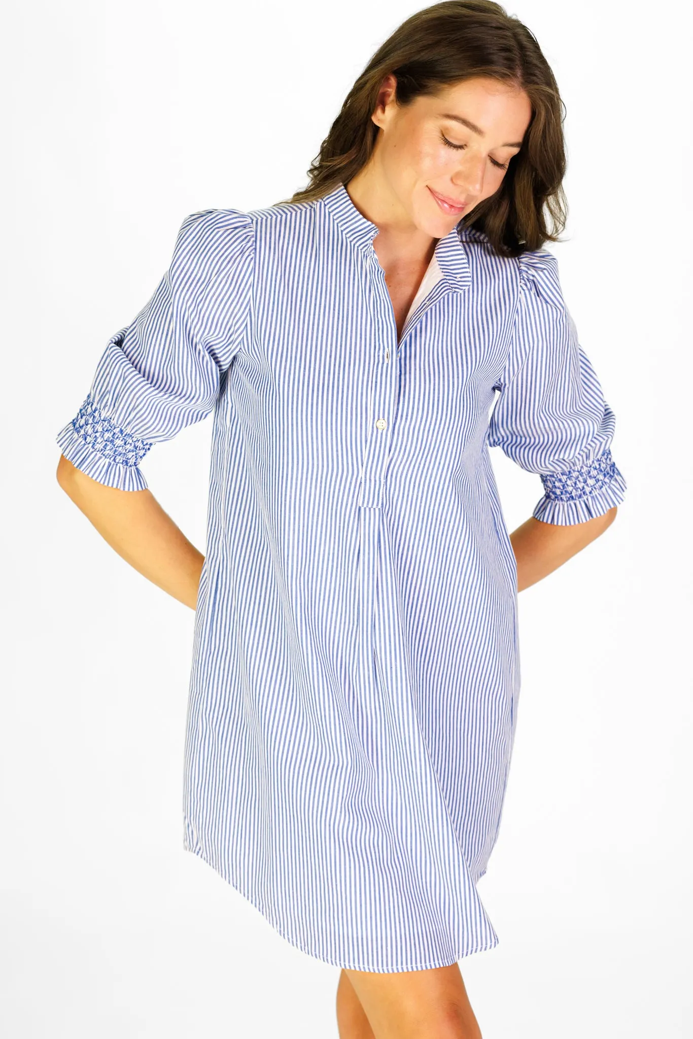 Percy Popover Dress in Navy & White Stripe sold by Duffield Lane