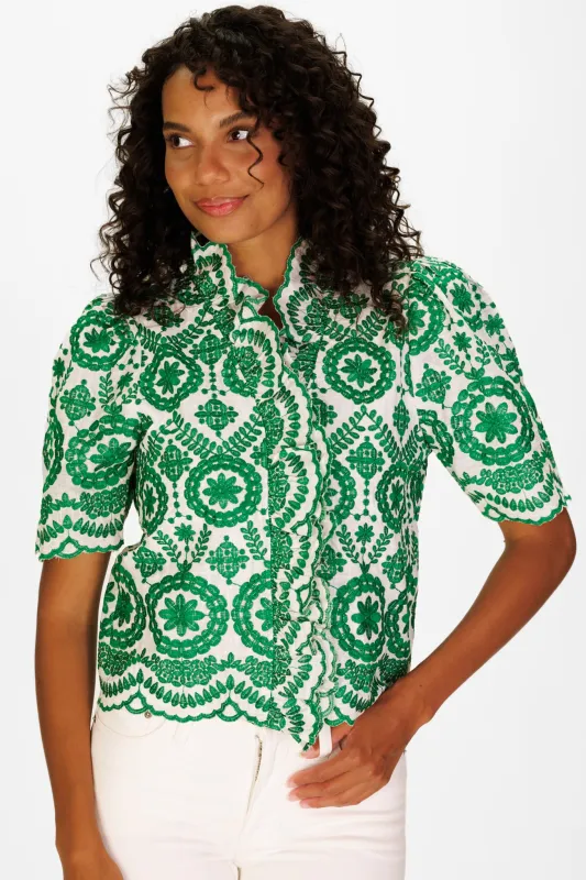 Merryn Top in Emerald Vine Embroidery sold by Duffield Lane