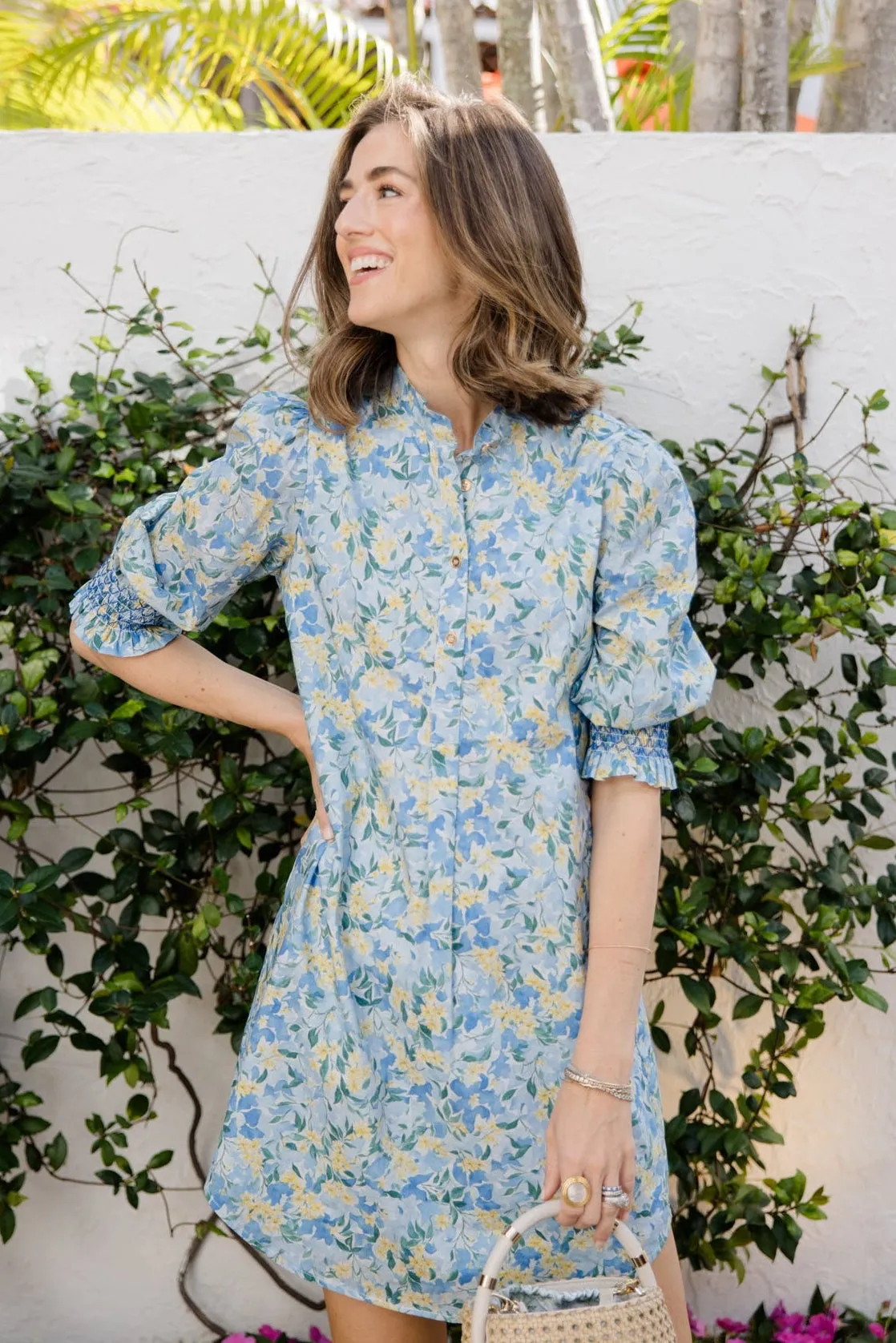 Percy Popover Dress in Blue Watercolor Meadow sold by Duffield Lane