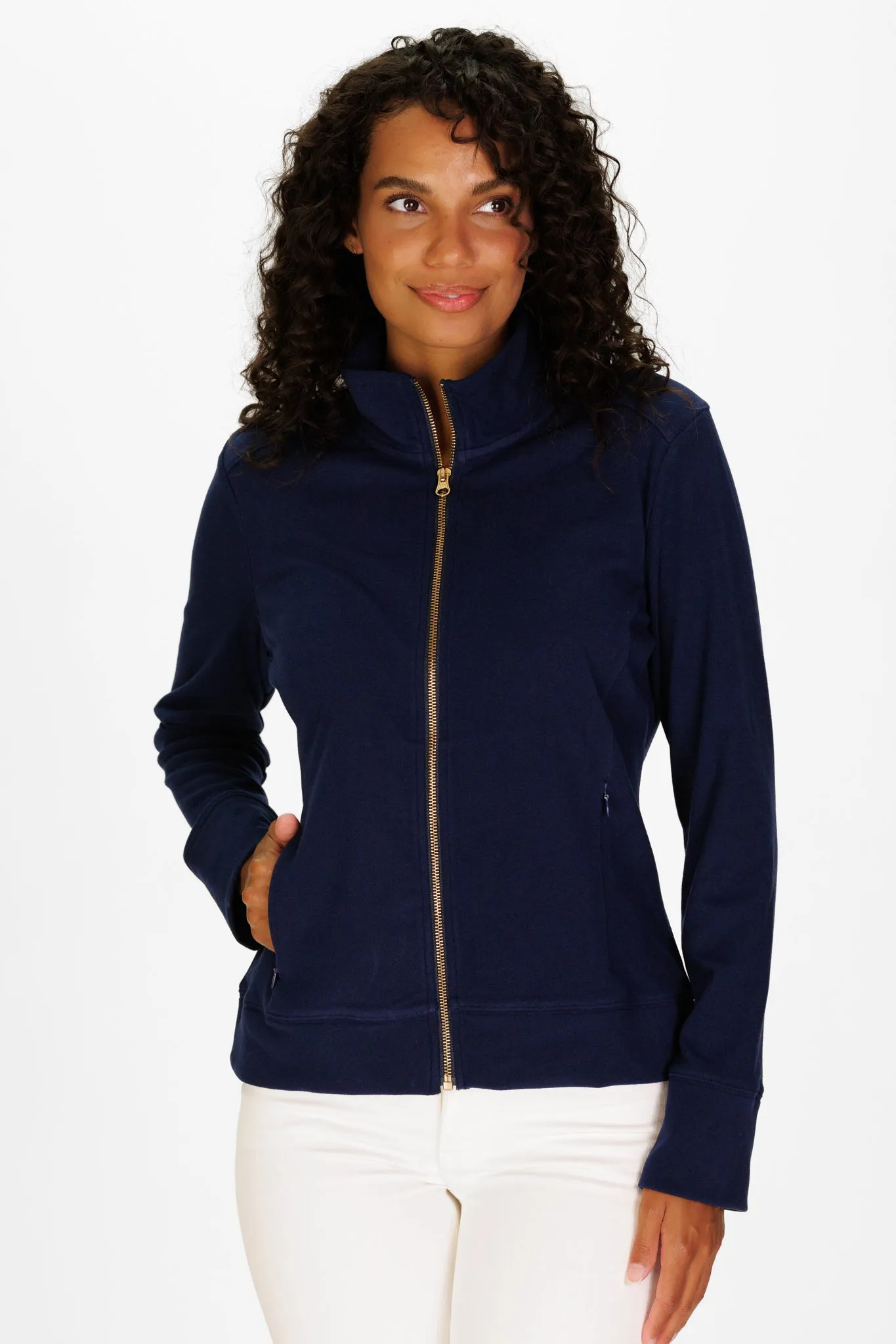 Ayla Zip Up in Navy SuperSoft sold by Duffield Lane