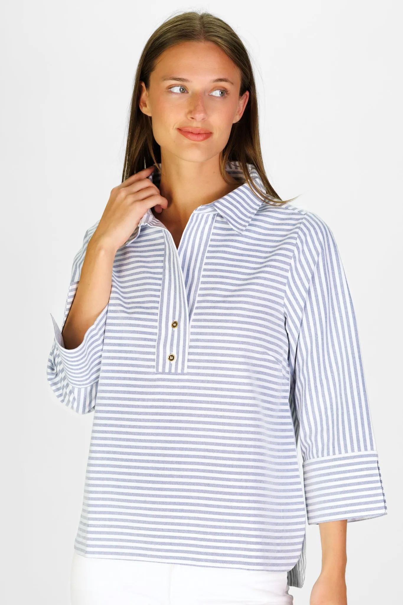 Toni Top in Navy Oxford Stripe sold by Duffield Lane