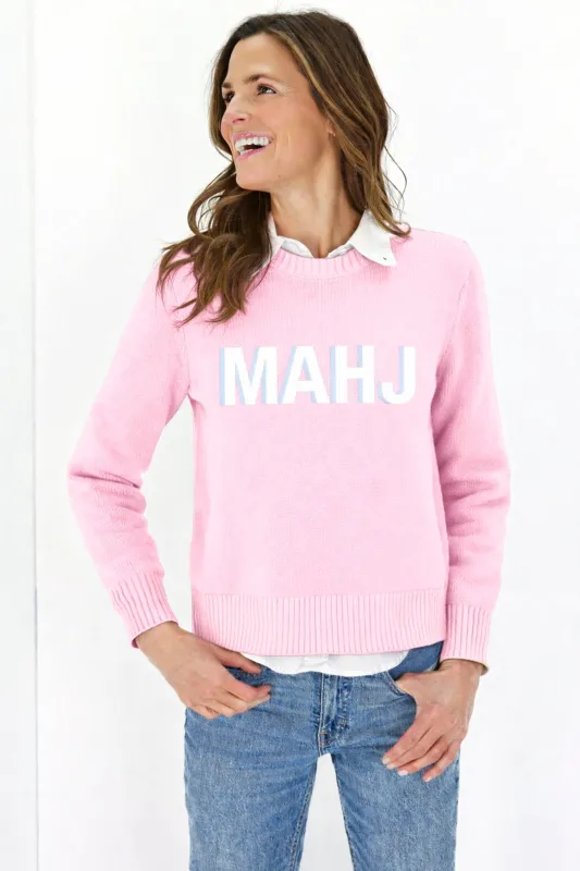 Mahjong Sweater with 'MAHJ' in Light Pink and White made by Duffield Lane