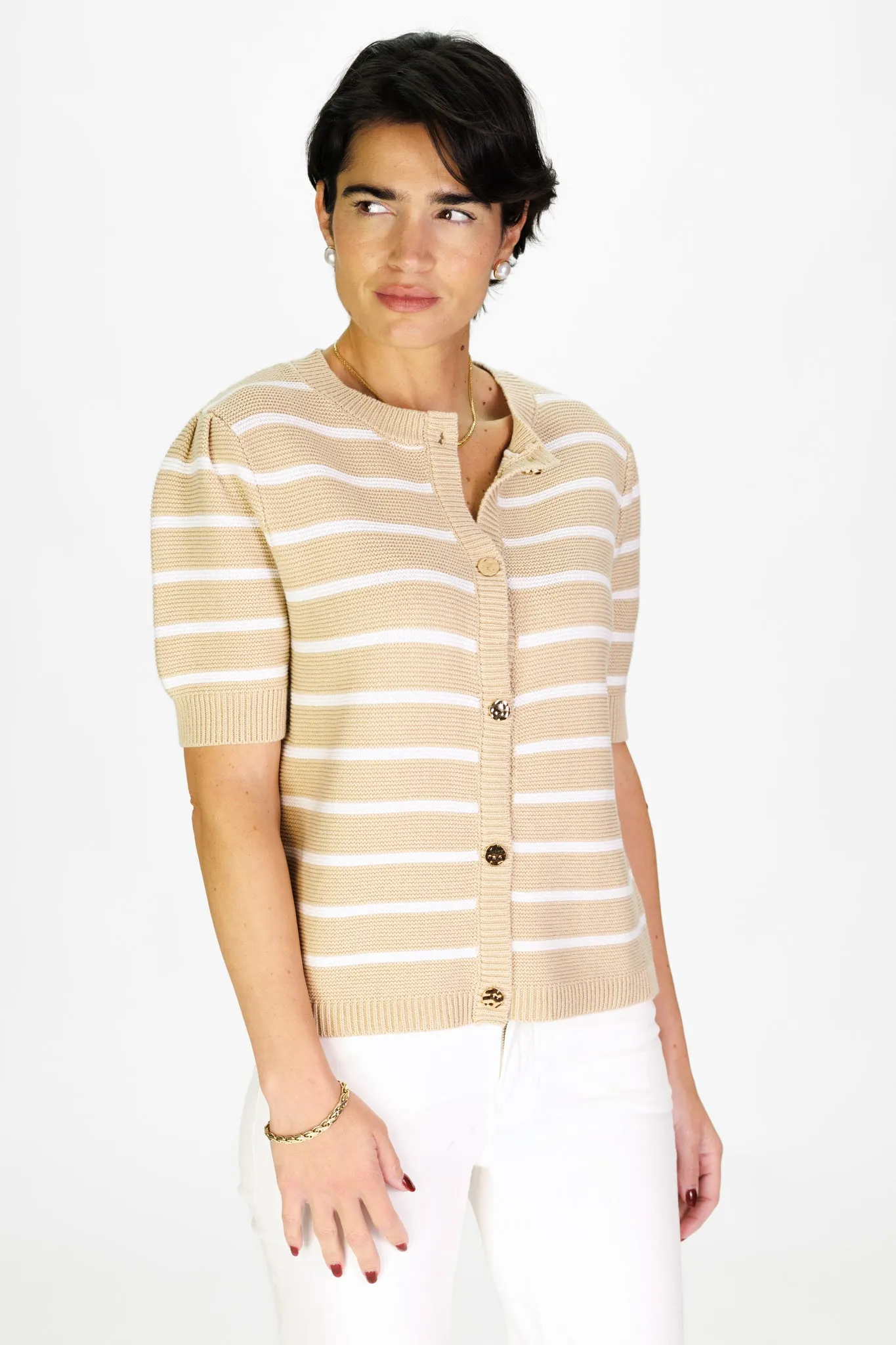 Puff Sleeve Cardigan in Tan & White Stripe sold by Duffield Lane