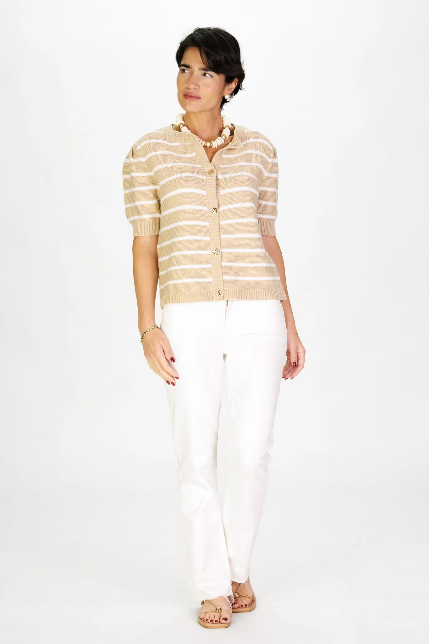 Puff Sleeve Cardigan in Tan & White Stripe sold by Duffield Lane product image thumbnail 2