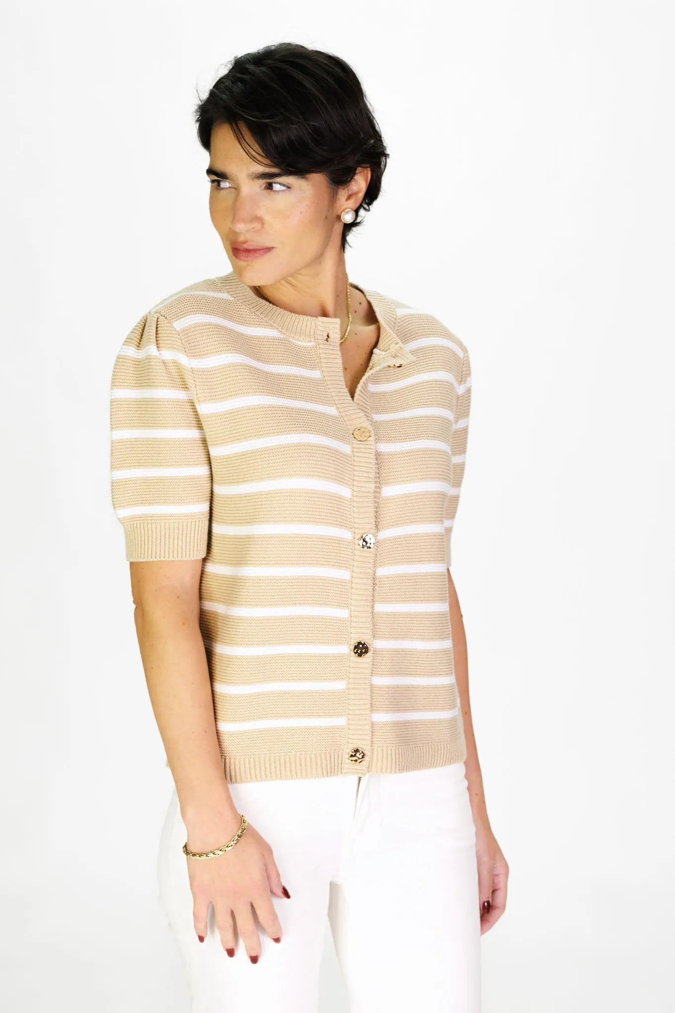 Puff Sleeve Cardigan in Tan & White Stripe sold by Duffield Lane product image thumbnail 5