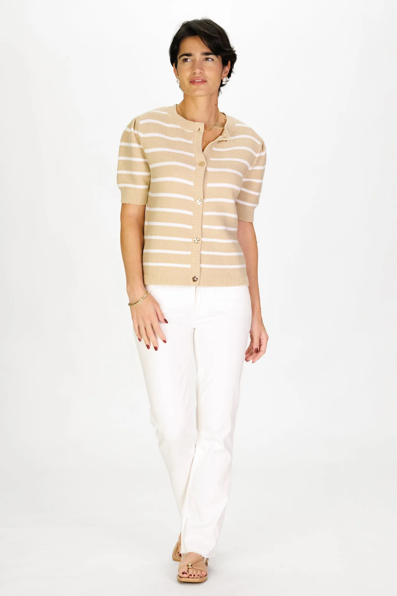 Puff Sleeve Cardigan in Tan & White Stripe sold by Duffield Lane product image thumbnail 4