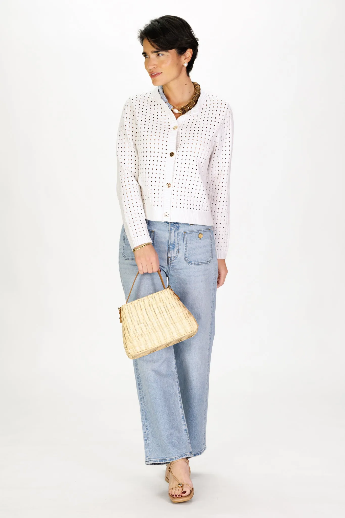 Pointelle Cardigan in White sold by Duffield Lane