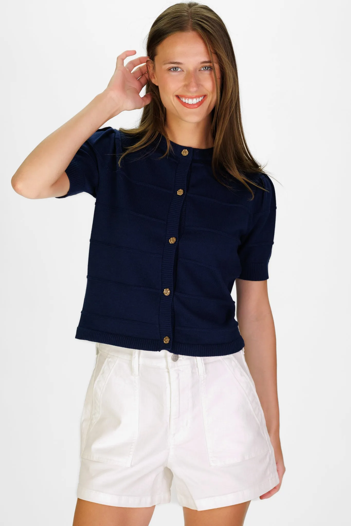 Puff Sleeve Textured Stripe Cardigan in Navy sold by Duffield Lane