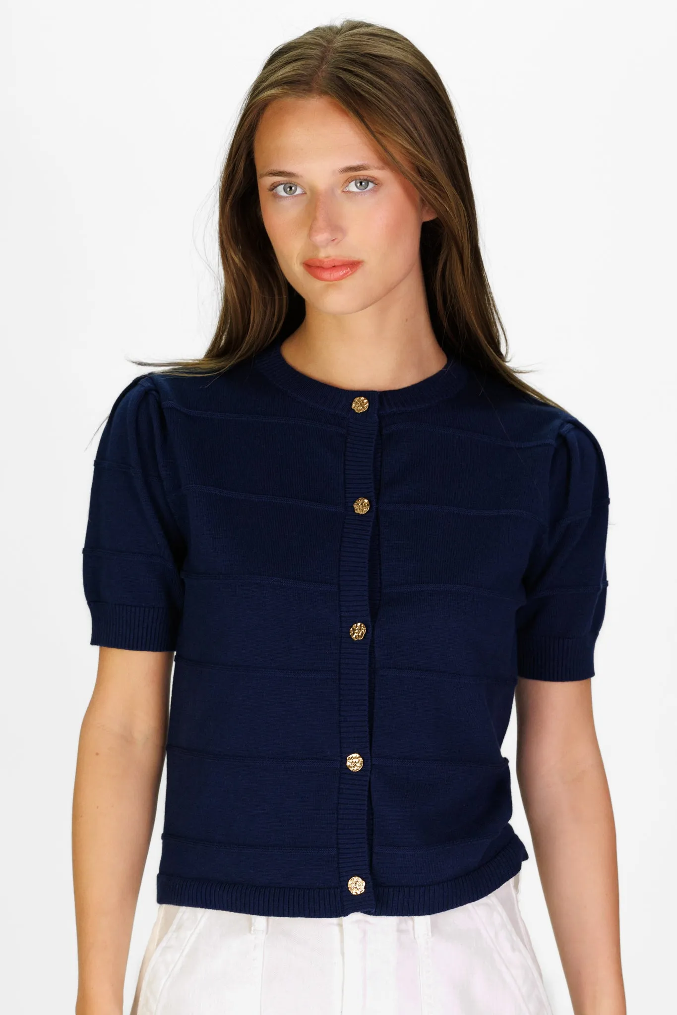 Puff Sleeve Textured Stripe Cardigan in Navy sold by Duffield Lane product image thumbnail 5