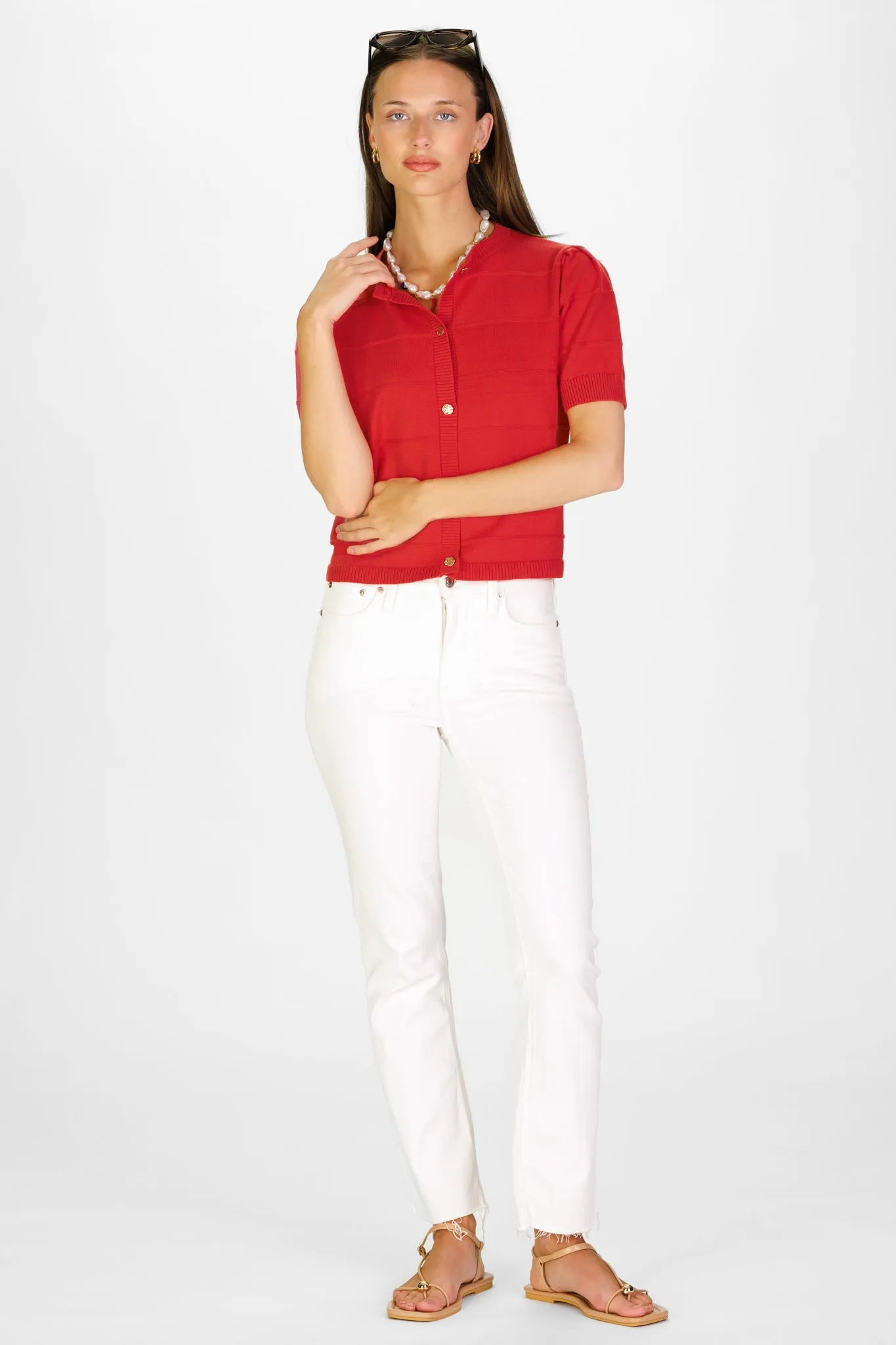 Puff Sleeve Textured Stripe Cardigan in Red Orange sold by Duffield Lane product image thumbnail 5