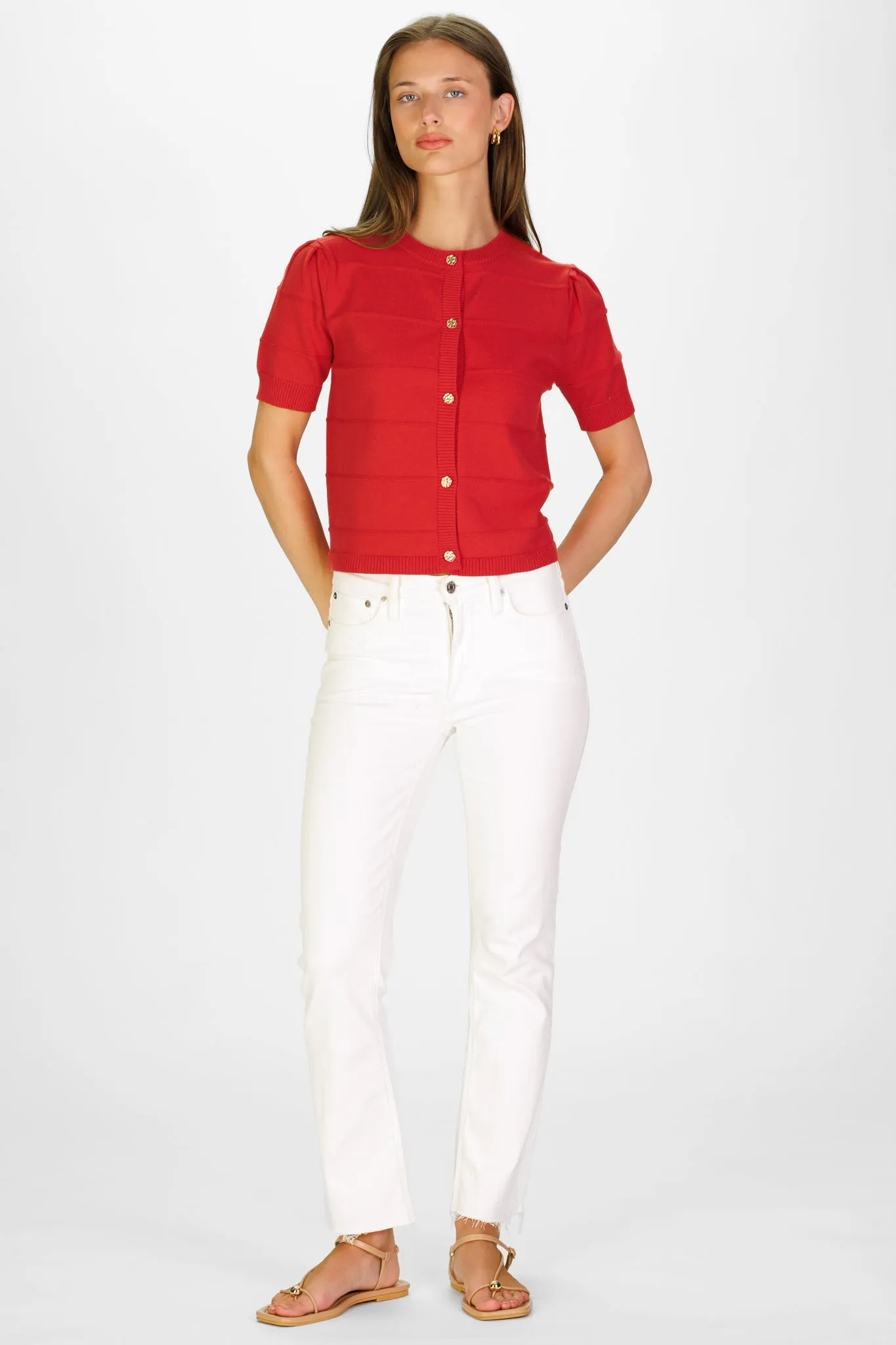 Puff Sleeve Textured Stripe Cardigan in Red Orange sold by Duffield Lane product image thumbnail 3