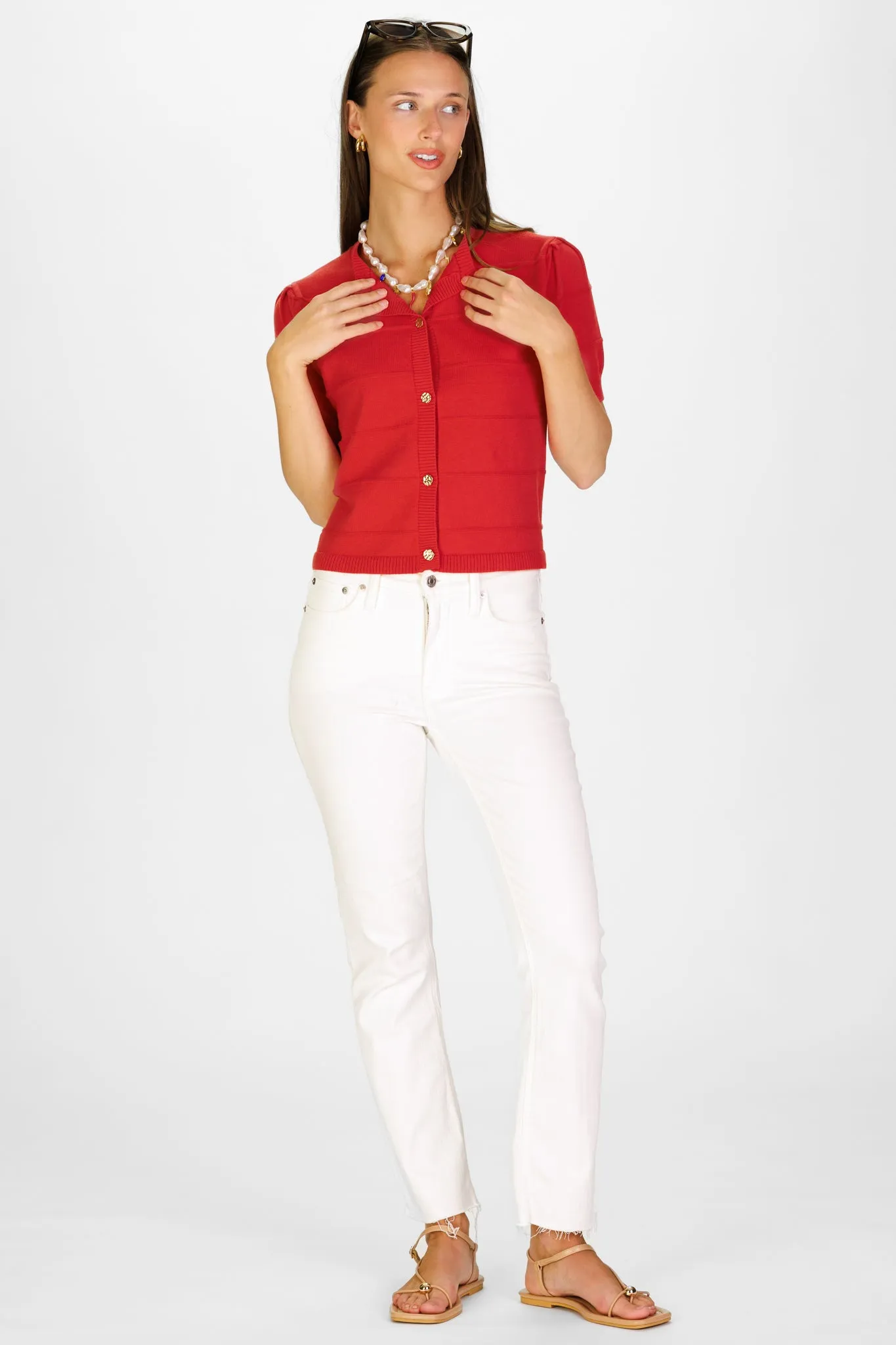 Puff Sleeve Textured Stripe Cardigan in Red Orange sold by Duffield Lane product image thumbnail 2