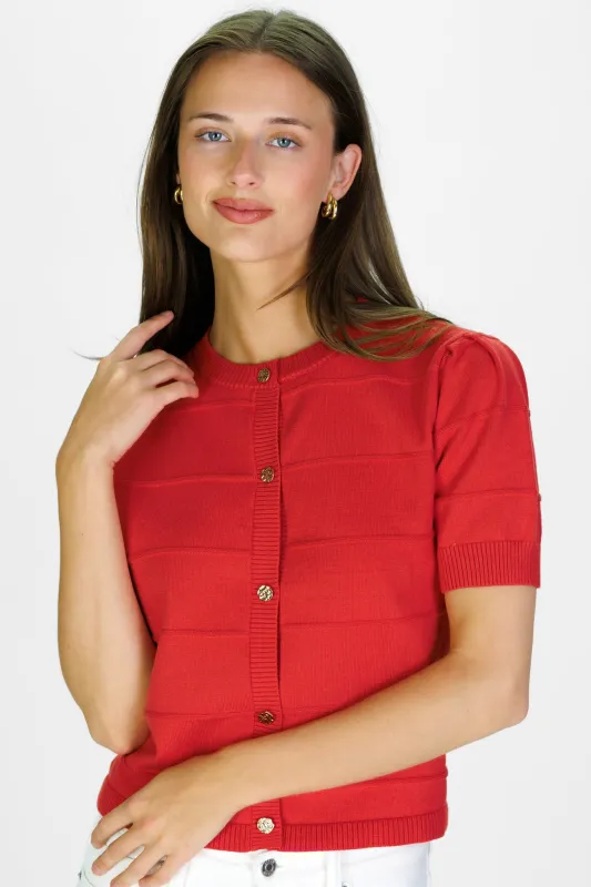 Puff Sleeve Textured Stripe Cardigan in Red Orange made by Duffield Lane