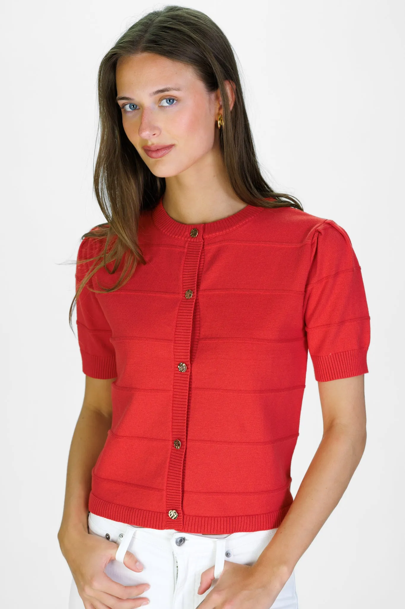 Puff Sleeve Textured Stripe Cardigan in Red Orange sold by Duffield Lane product image thumbnail 4