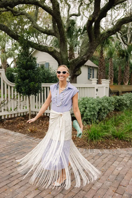 Pleated Callahan Dress in Driftwood Blue Stripe made by Duffield Lane