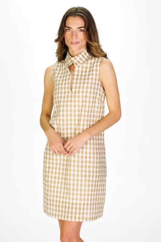 Sleeveless Fia Dress in Tan Gingham Seersucker made by Duffield Lane