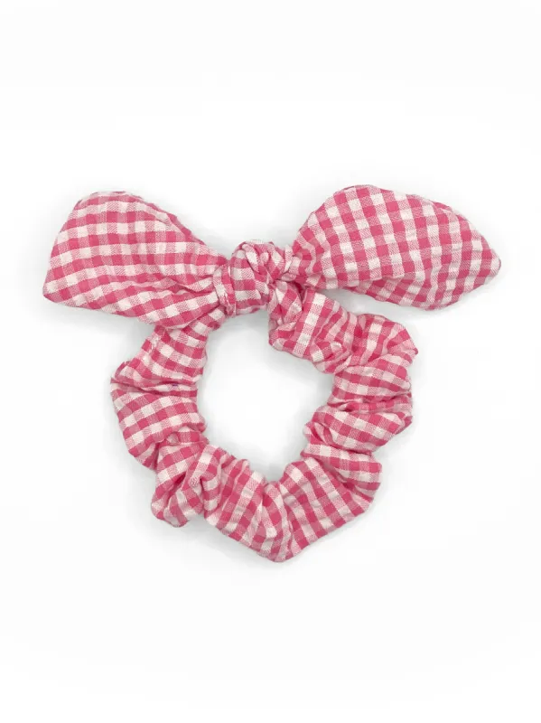 The Tay Bow Scrunchy - Pink Gingham sold by Duffield Lane