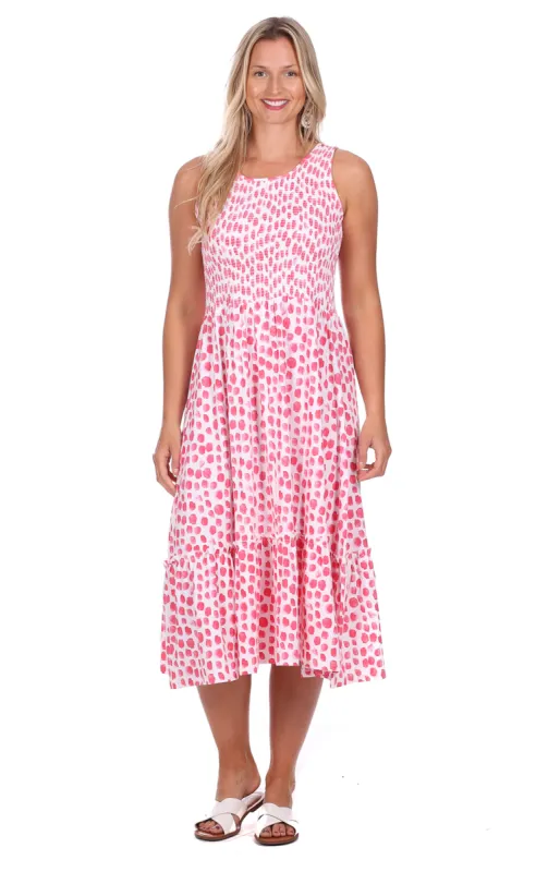 Jane Dress in Pink Watercolor Dot sold by Duffield Lane