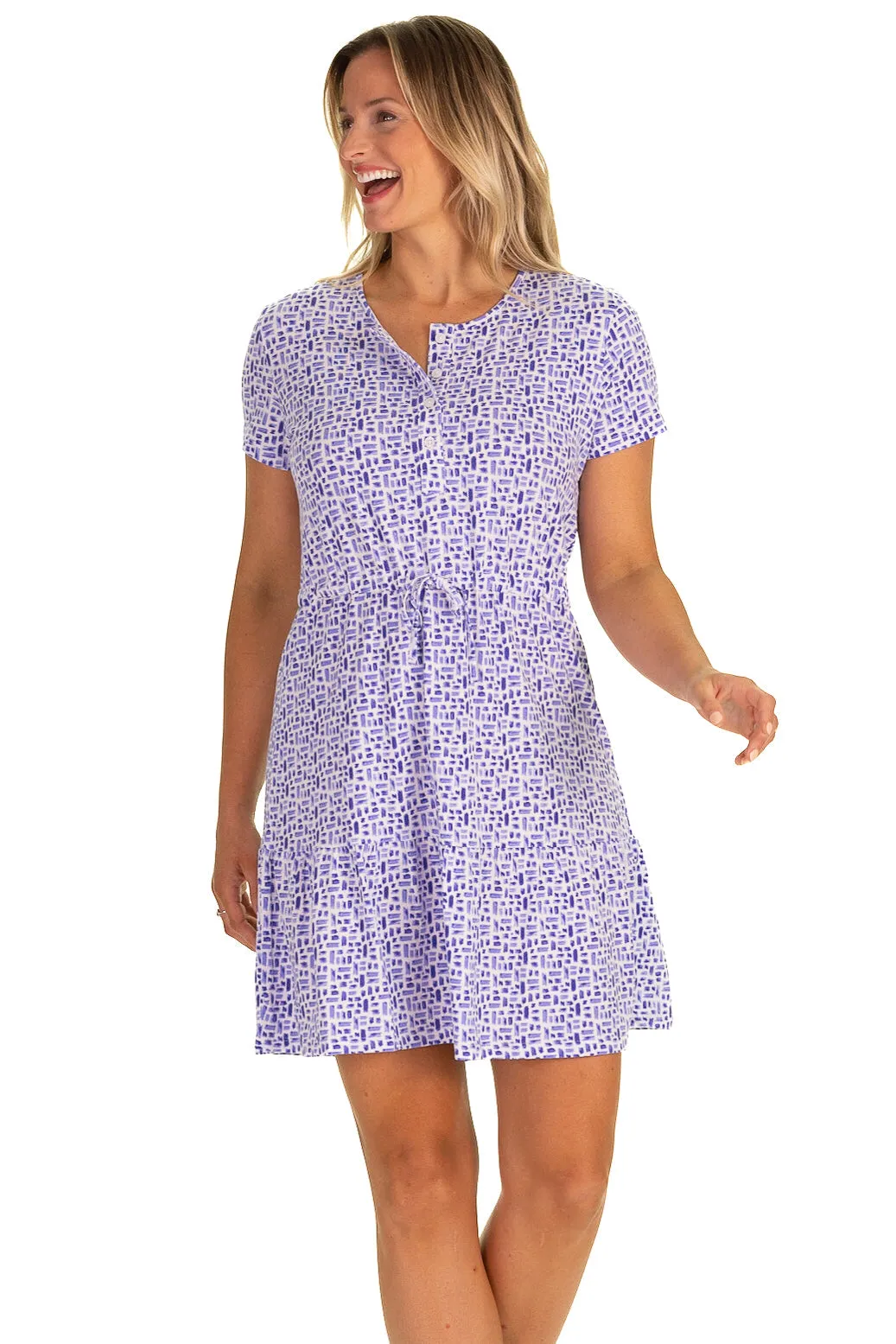 The Dina Dress in Blue Basketweave sold by Duffield Lane