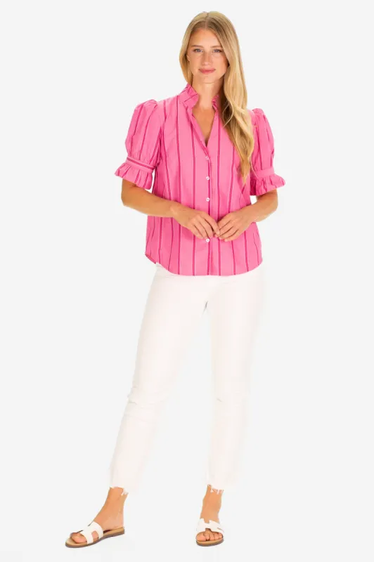 The Marlow Top in Candy Pink Seersucker sold by Duffield Lane